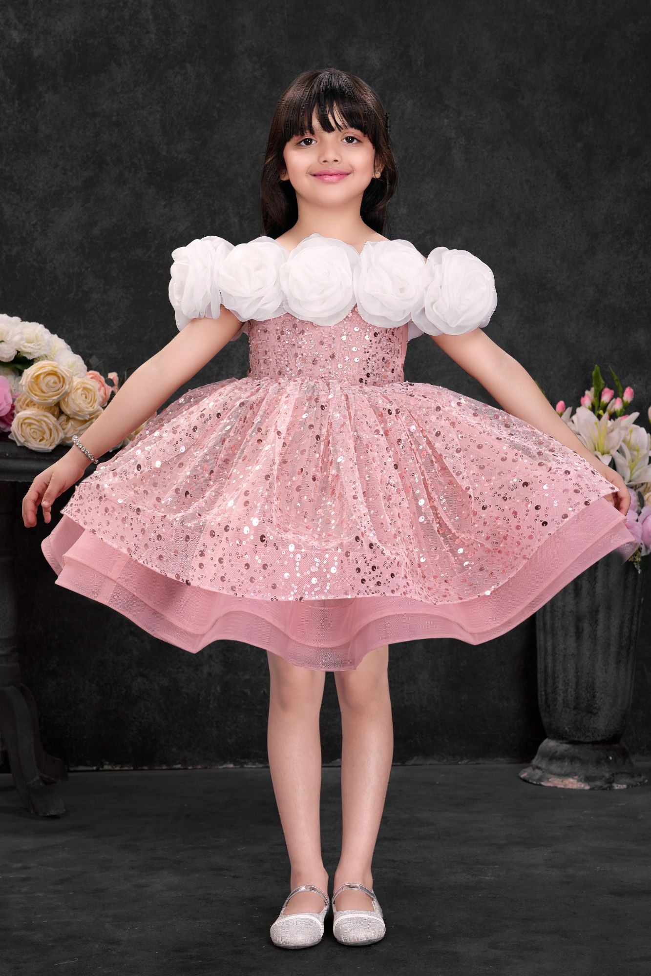 Blush Pink Sequin Party Wear Frock with 3D Floral Neckline For Girls