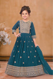 Teal Embroidered Anarkali Ethnic Gown with Dupatta For Girls