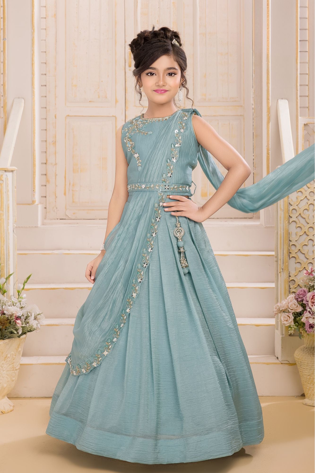 Girls Sea Green Embroidered Lehenga Choli with Draped Dupatta And Tassel Detailing