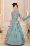 Girls Sea Green Embroidered Lehenga Choli with Draped Dupatta And Tassel Detailing