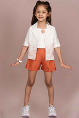 Rust Orange Top And Shorts Casual Wear Set With Floral Embroidered Overcoat For Girls