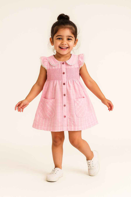 Pink Cotton Button Down Day Dress for Girls