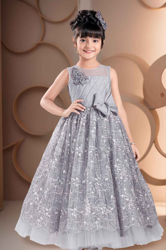 Designer Grey Floral Embroidered Net Party Gown With Bow Detail For Girls