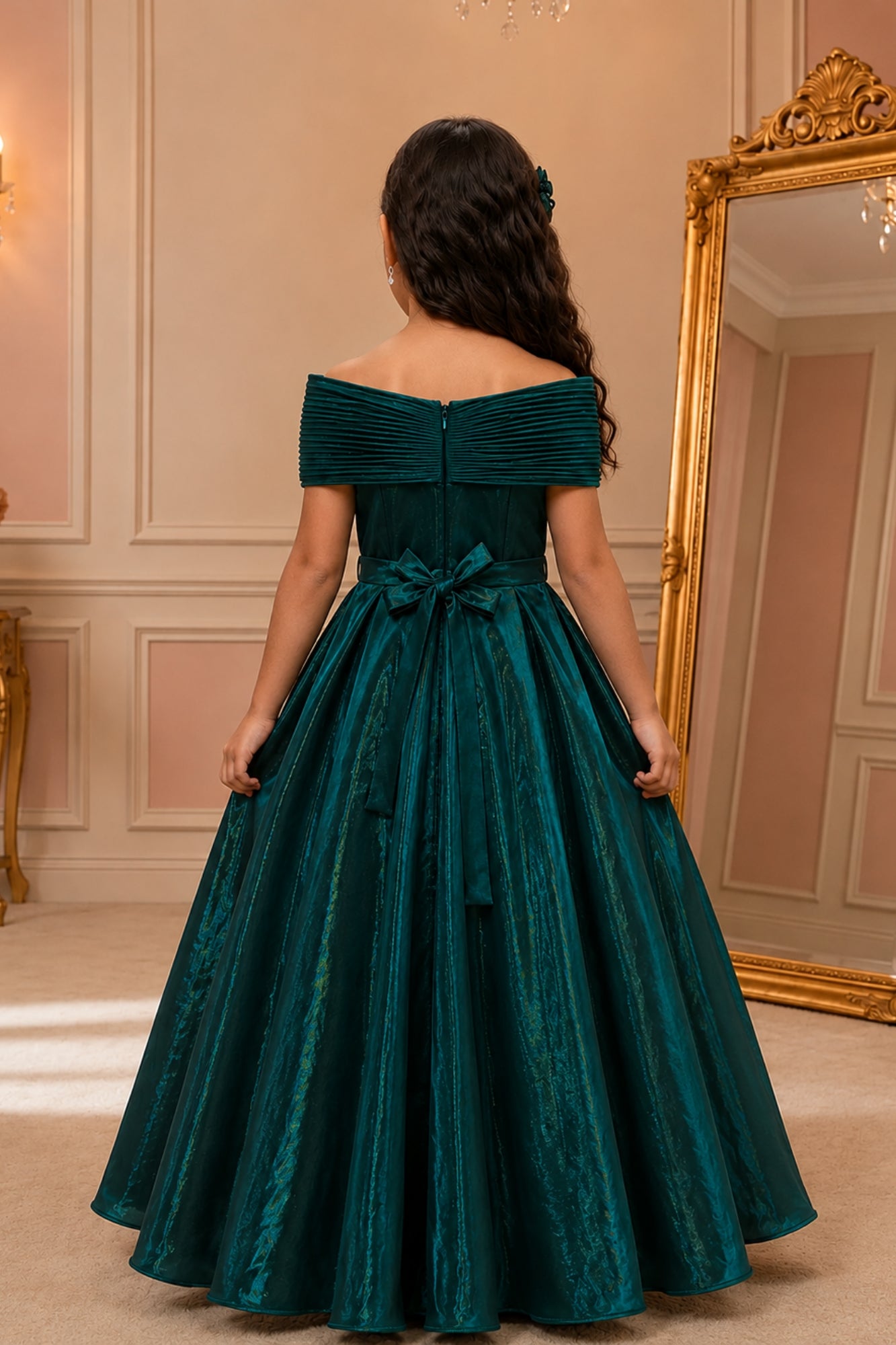 Teal Green Off-Shoulder Pleated Bow Party Gown For Girls