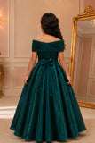 Teal Green Off-Shoulder Pleated Bow Party Gown For Girls