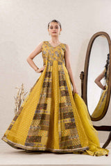 Yellow Sequins Work And Zari Embroidered Gown With Floral Printed For Girls