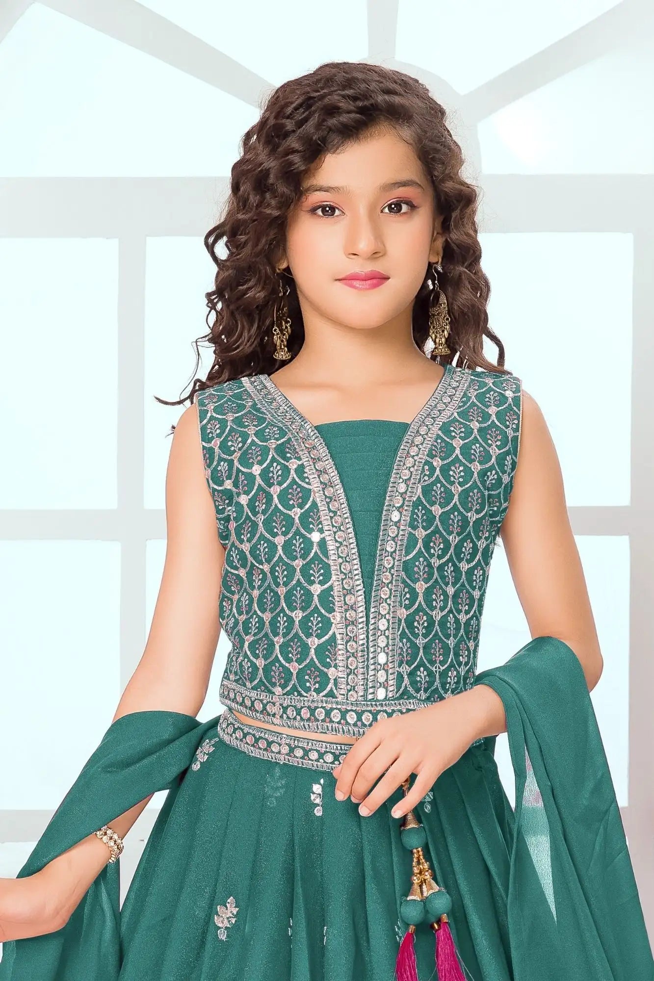 Rama Green Embroidered Lehenga Choli Set with Dupatta For Girls