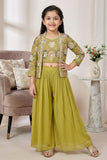 Olive Green Embroidered Palazzo Set with Jacket For Girls