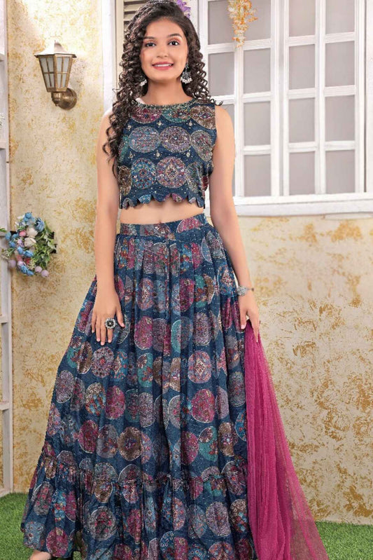 Blue Sequin And Embroidered Lehenga Choli Set For Girls