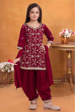 Maroon Embroidered Patiala Set For Girls
