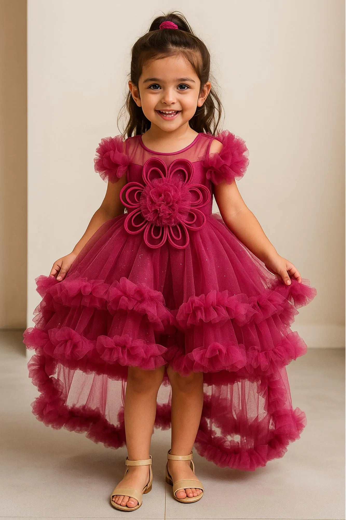 Raspberry Pink Ruffle Frock with 3D Floral Appliqué For Girls