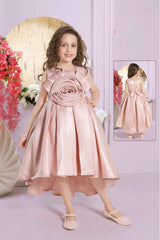 Peach Sleeveless And Floral Embellished Tailback Frock For Girls