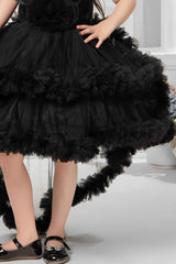 Black Sleeveless And Sequins Worked With Floral Embellished Tail Back Frock For Girls