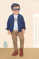 Blue Denim Shirt And Brown Pant With T Shirt Set For Boys