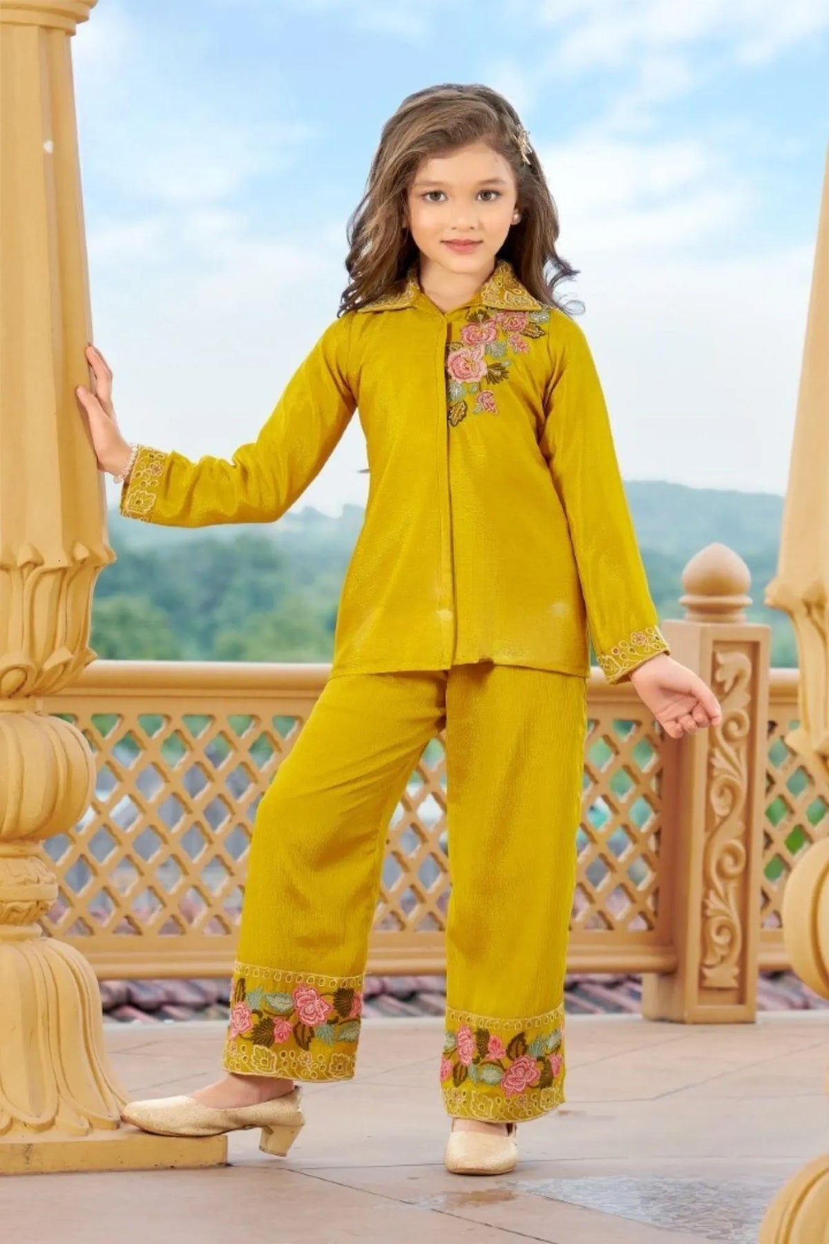 Mustard Yellow Embroidered Ethnic Co-Ord Set For Girls