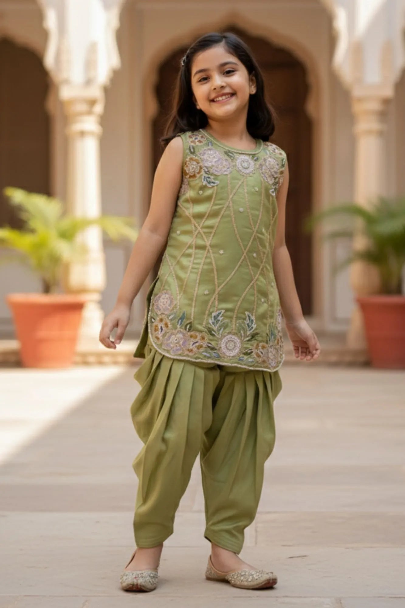 Olive Green Embroidered Patiala Suit For Girls
