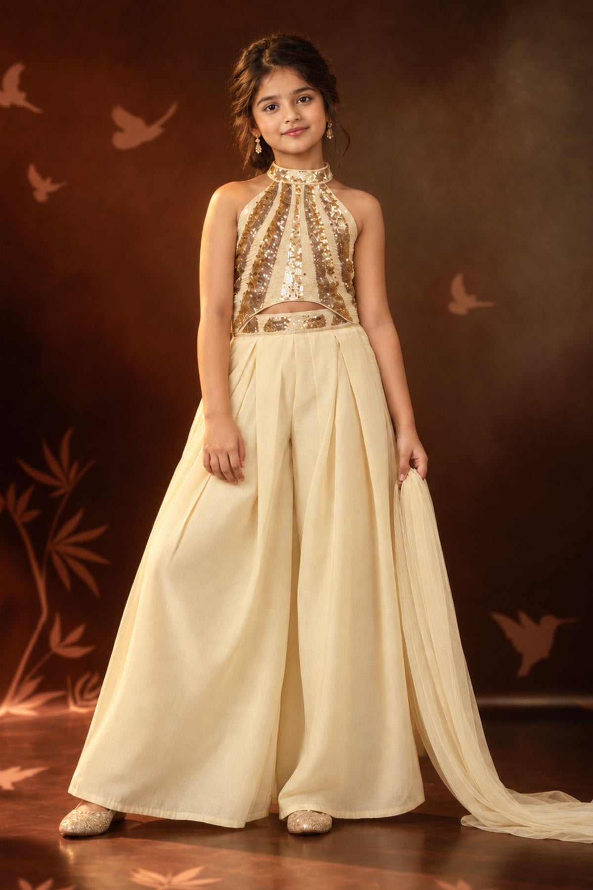 Girls Cream Sequin Halter Crop Top with Palazzo Set