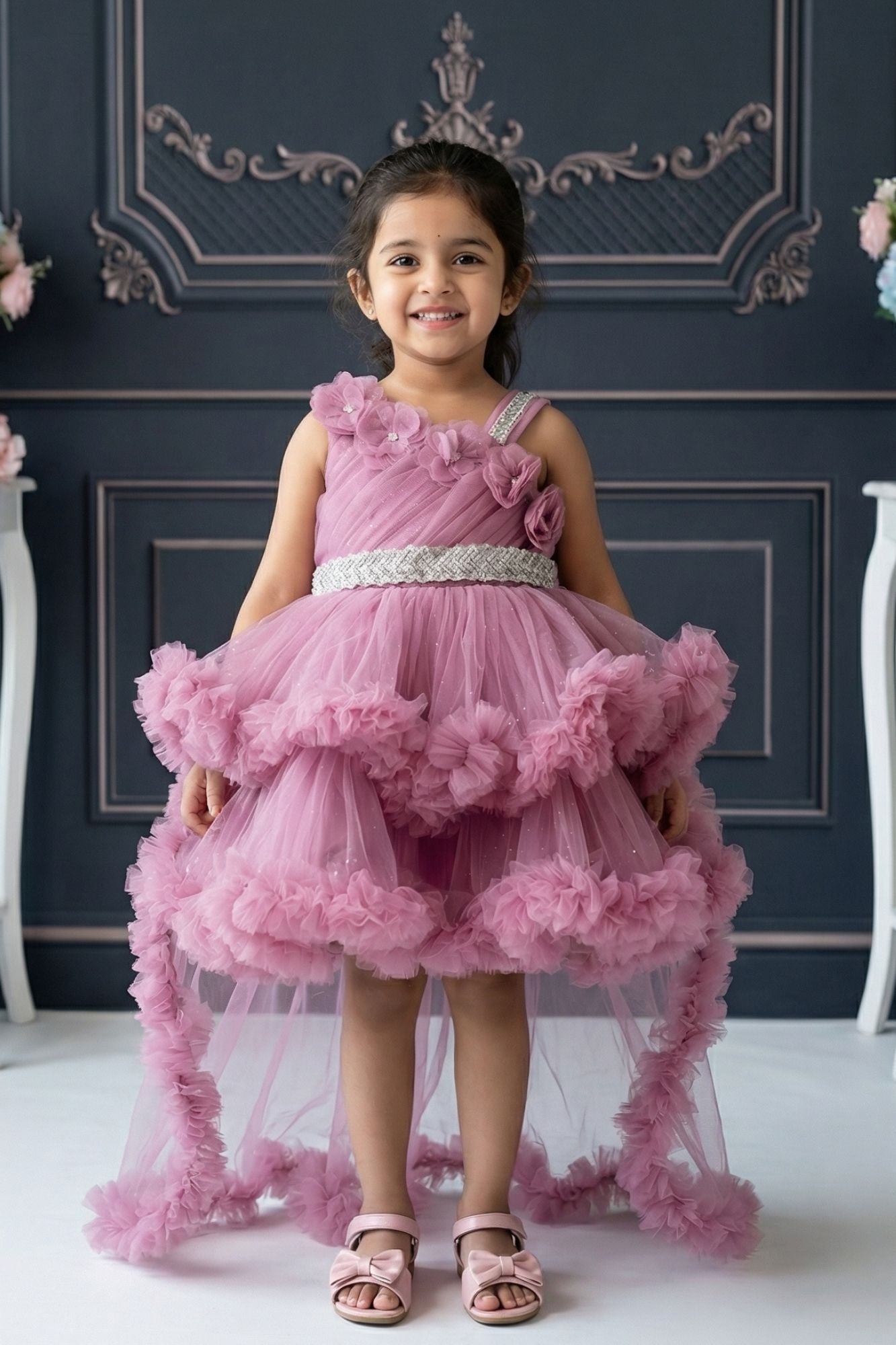 Onion Pink Floral Appliqué Layered High-Low Party Wear Frock For Girls