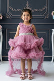 Onion Pink Floral Appliqué Layered High-Low Party Wear Frock For Girls