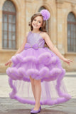Lavender Sequin Embellished High-Low Party Dress with Ruffle Hem For Girls