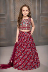 Maroon Mirror Work And Embroidered Lehenga Choli Set For Girls