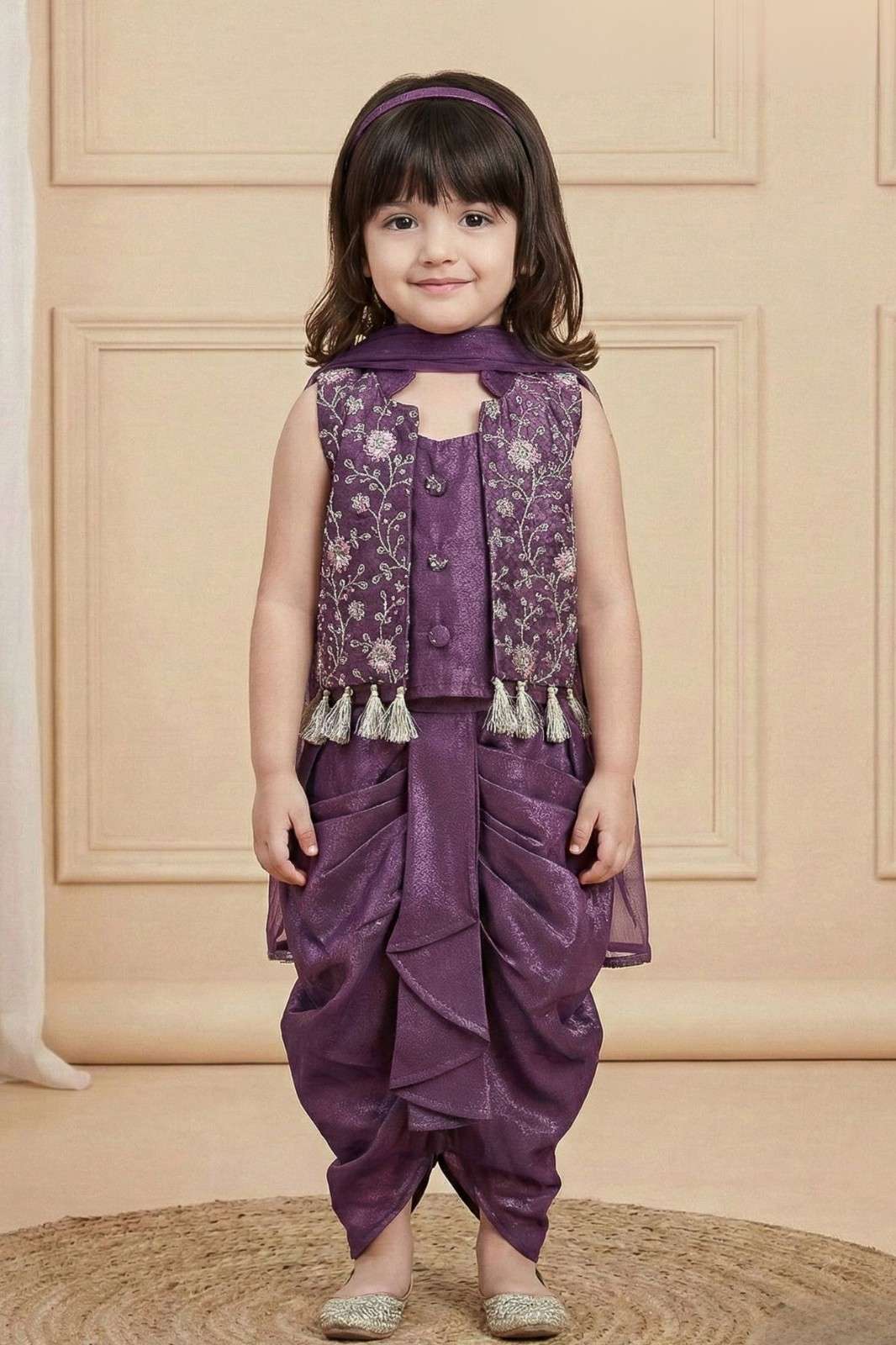 Purple Embroidered Dhoti Skirt Set For Girls