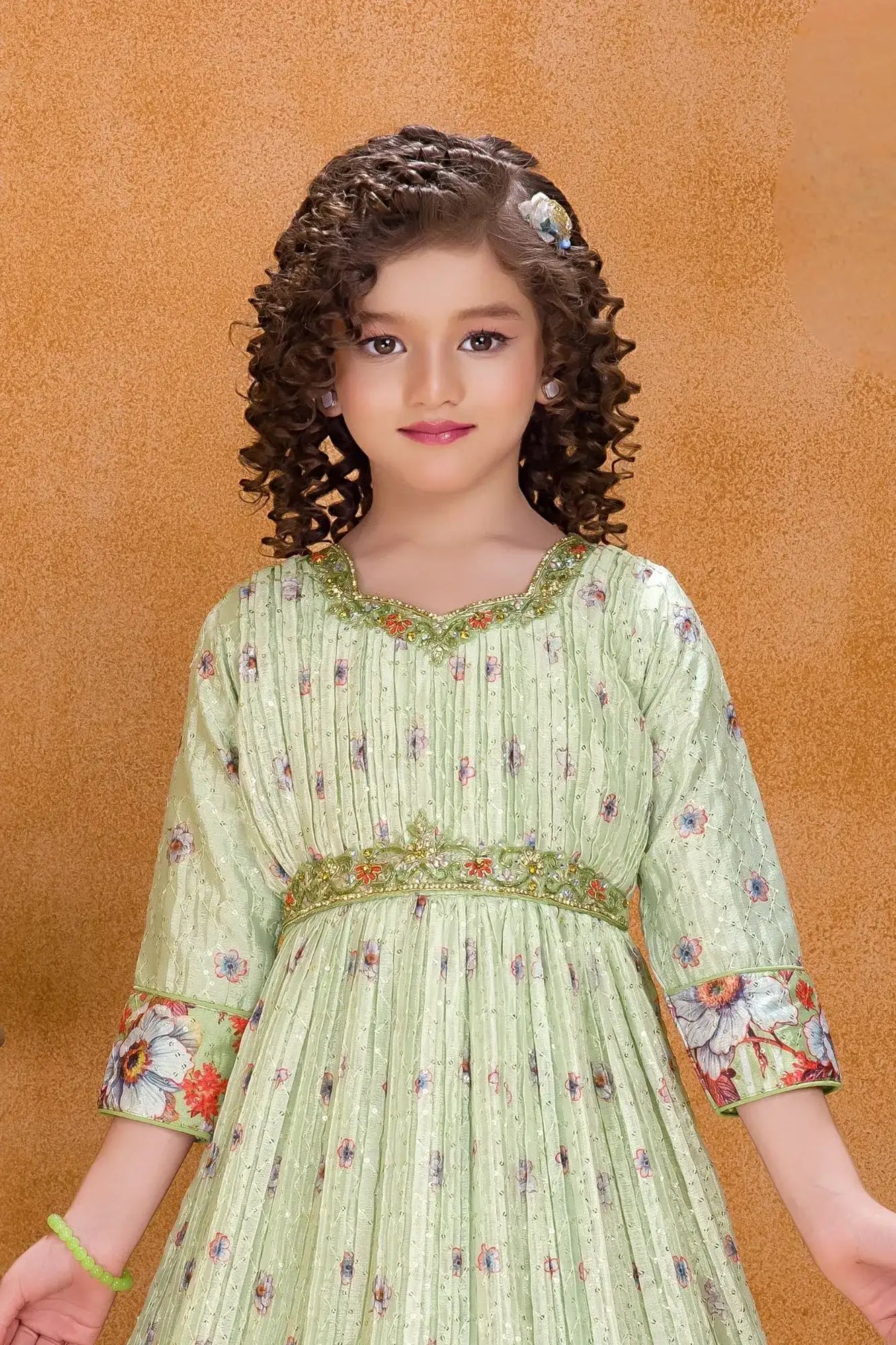Light Green Floral Printed Ethnic Long Gown with Embellished Waist For Girls