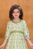 Light Green Floral Printed Ethnic Long Gown with Embellished Waist For Girls