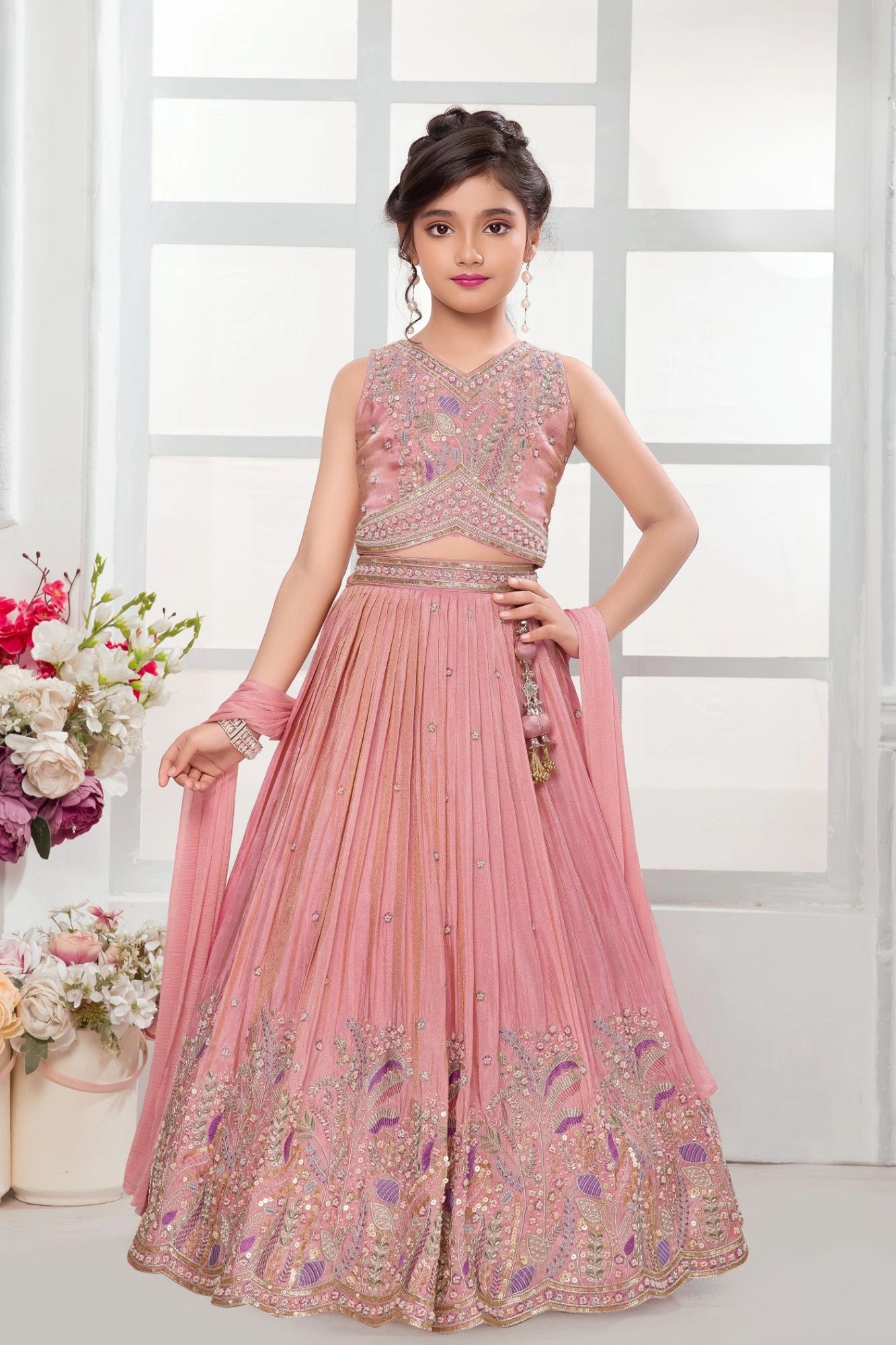 Pink Embroidered Lehenga Choli Set with Dupatta For Girls