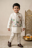 Boys Beige Kurta Pajama Set with Green Floral Printed Nehru Jacket