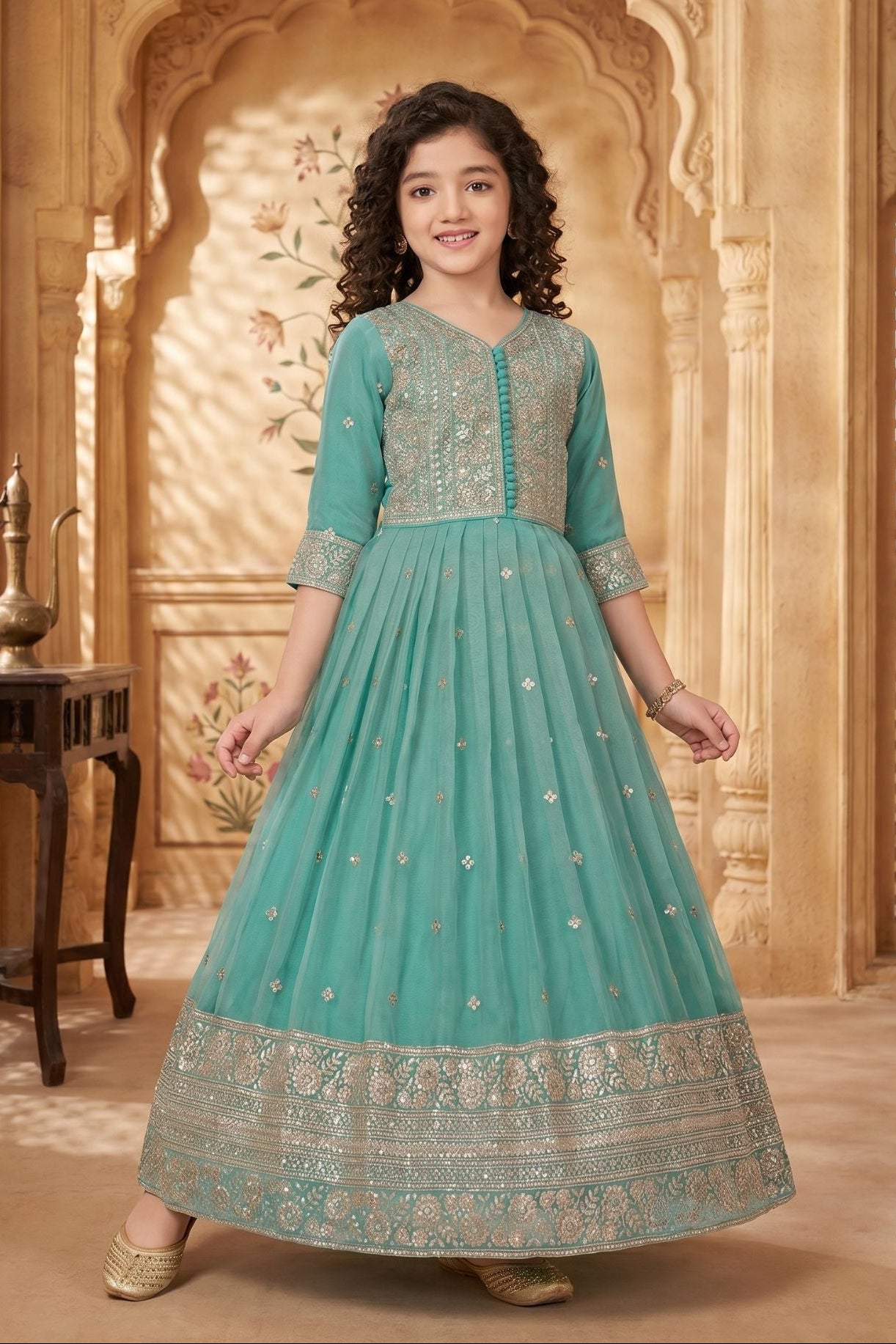 Teal Green Embroidered Long Ethnic Gown with Dupatta For Girls