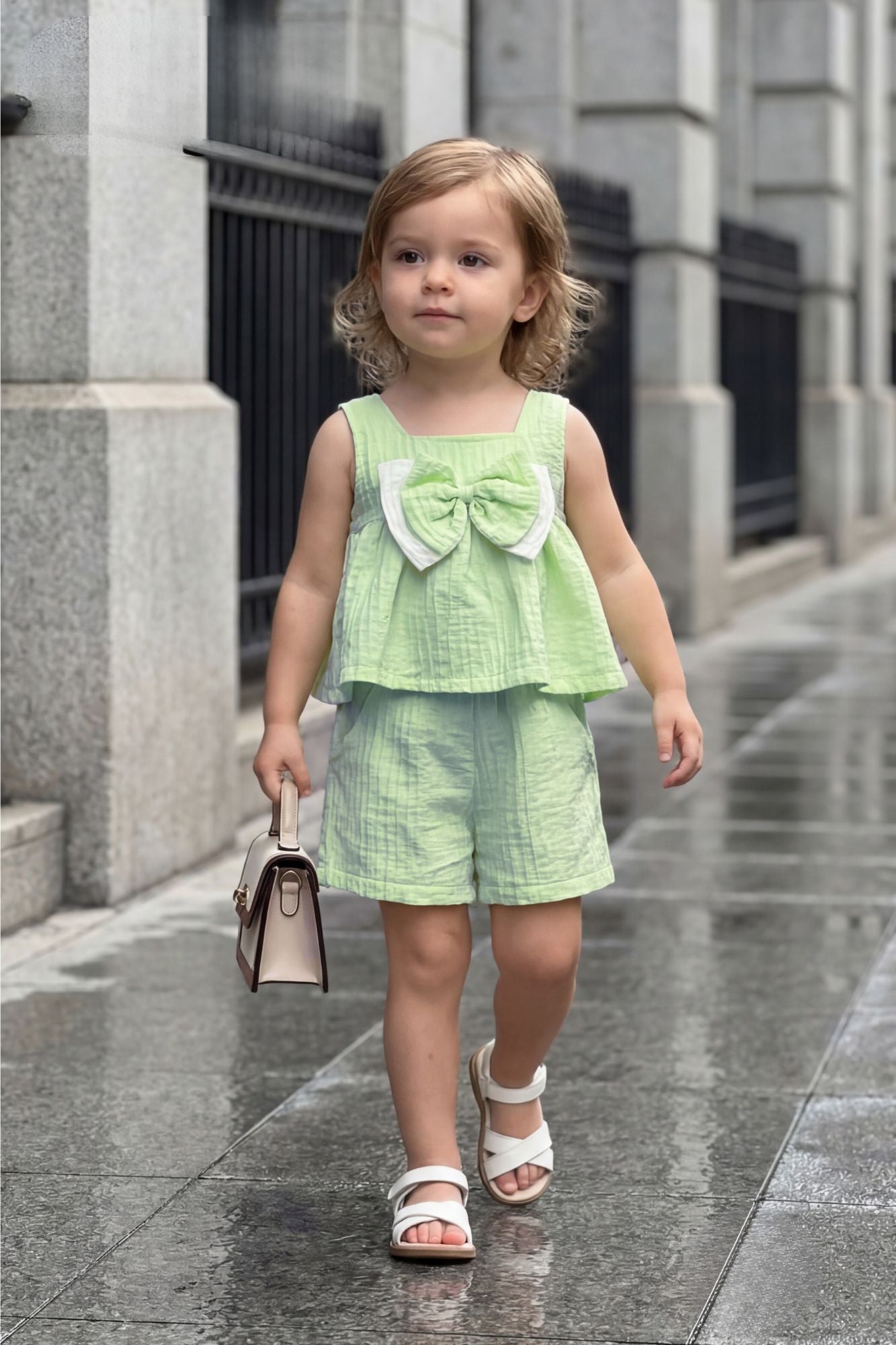 Girls Pastel Green Bow Set with Sleeveless Top and Shorts