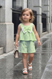 Girls Pastel Green Bow Set with Sleeveless Top and Shorts