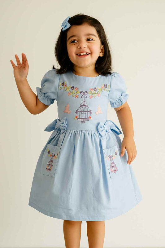 Light Blue Embroidered Cotton Dress for Girls