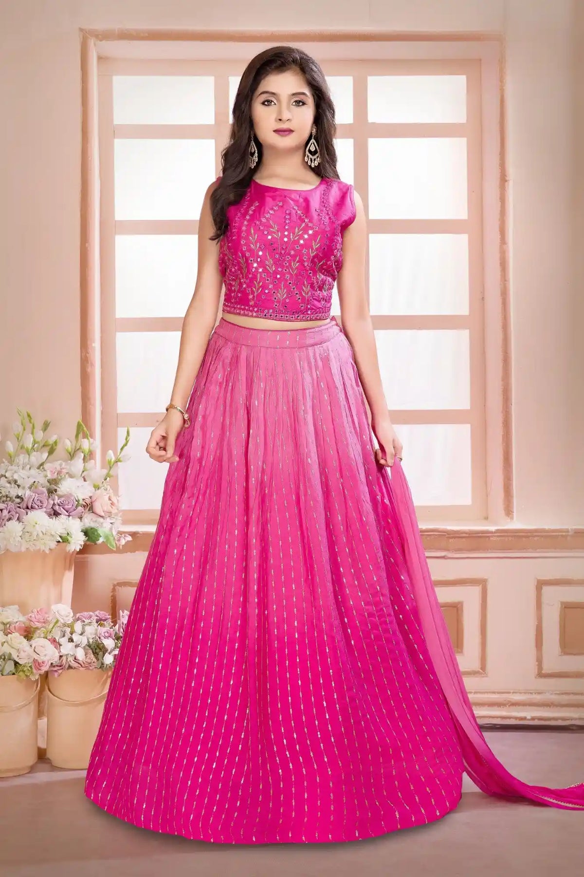 Elegant Pink Mirror Embroidered Lehenga Choli with Dupatta For Girls