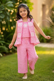 Girls Pink Printed Waistcoat Co-Ord Set with Inner Top And Wide-Leg Pants