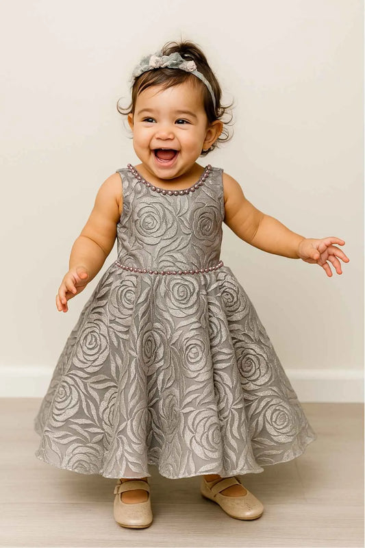 Silver Floral Embellishment Party Wear Gown For Girls