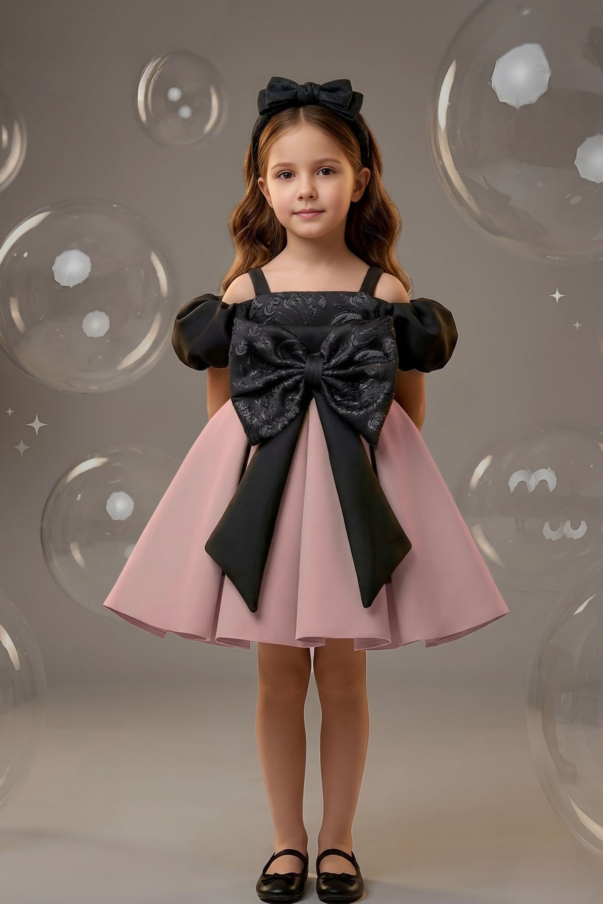 Girls Black And Dusty Pink Bow Detail Party Wear Frock
