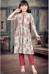 Maroon 3/4th Sleeves With Floral Printed And Bead Work Kurta Set For Girls