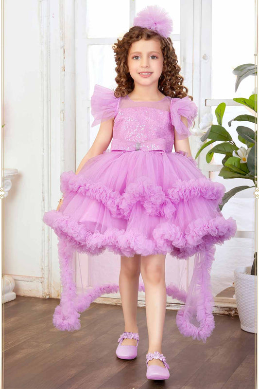 Purple Tailback Frock With Bow Embellished For Girls