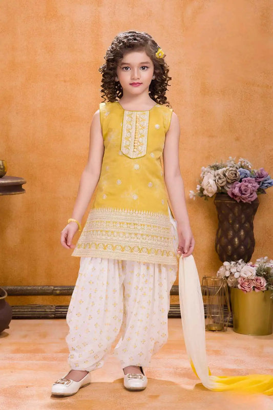 Mustard And White Printed With Embroidered Patiala Set For Girls