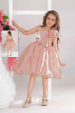 Peach Party Frock With Sequin Bow And 3D Flower Detail For Girls
