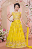 Bright Yellow Sequin Work Embroidered Lehenga Choli Set for Girls