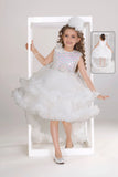 White Ruffle Party Gown with Sequin Bows and High-Low Hem For Girls