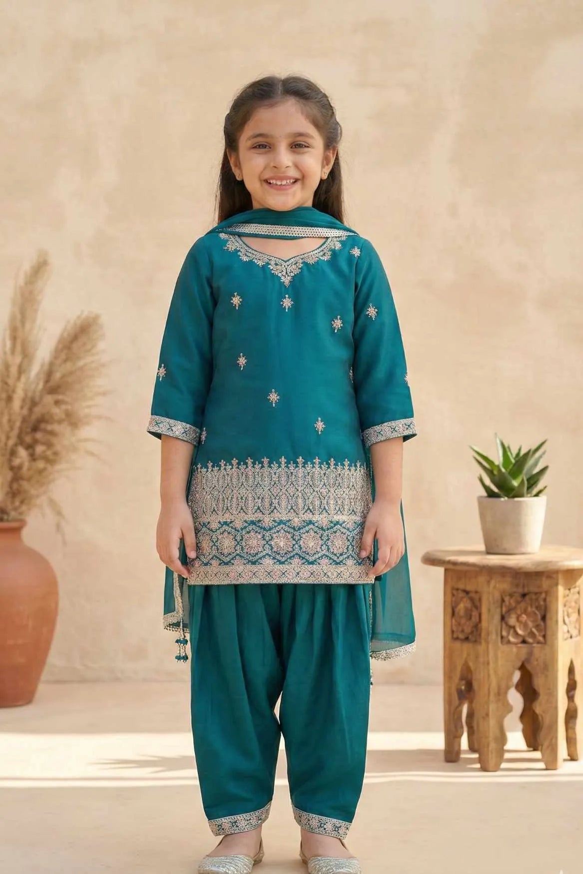 Rama Green Embroidered Patiala Set For Girls