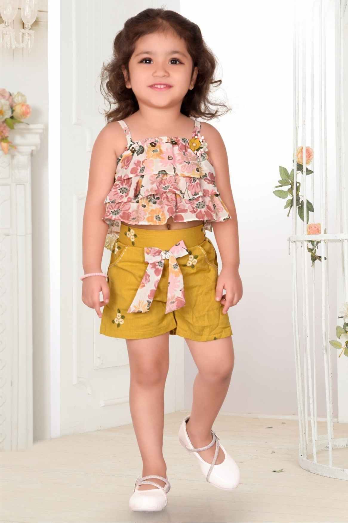 Mustard Floral Printed Frill Top With Thread Work Shorts Set For Girls