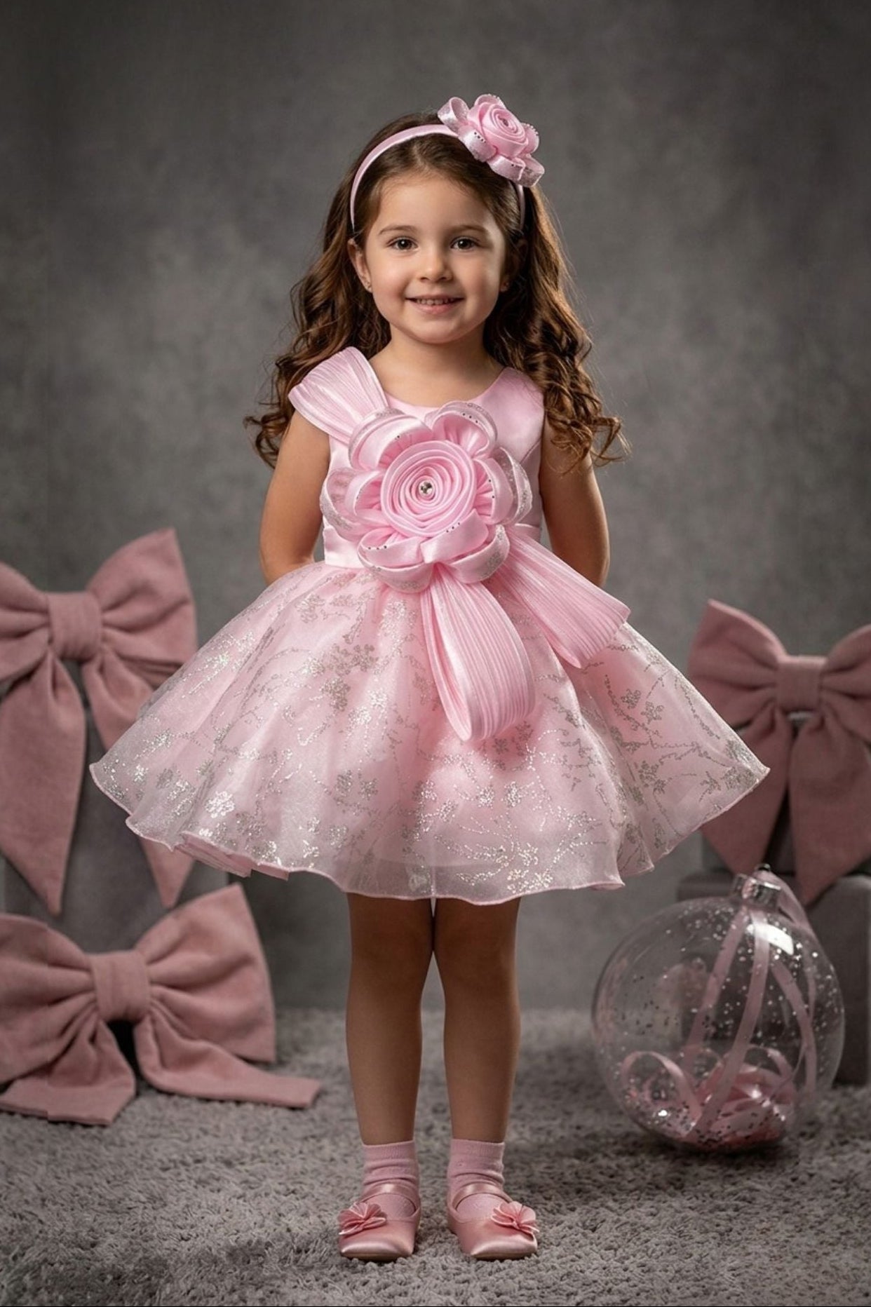Girls Baby Pink 3D Floral Party Dress