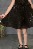 Black Sequin Party Frock With Bow Detail For Girls