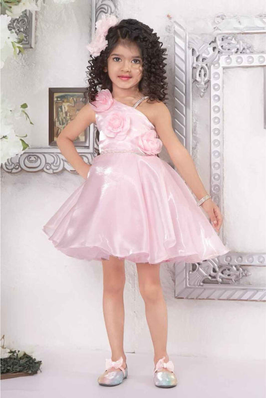 Pink Organza Frock With Floral Embellished For Girls