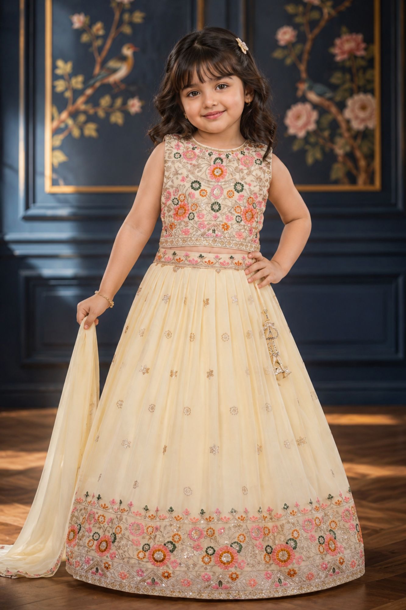 Girls Cream Embroidered Lehenga Choli Set with Dupatta